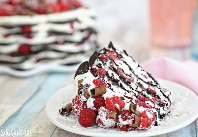 Chocolate Raspberry No-Bake Cake - an easy icebox cake made with just 6 ingredients! | From SugarHero.com