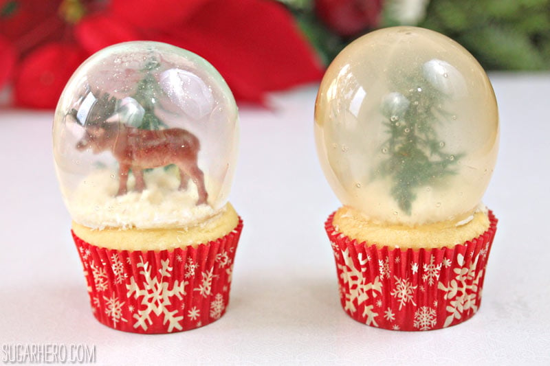 Snow Globe Cupcakes with Gelatin Bubbles - every part of these snow globes is entirely edible! | From SugarHero.com