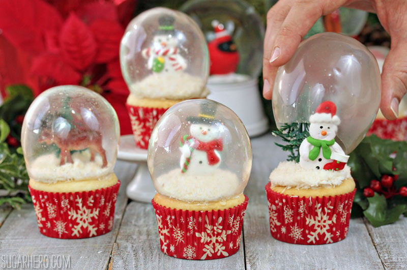 Snow Globe Cupcakes with Gelatin Bubbles - every part of these snow globes is entirely edible! | From SugarHero.com