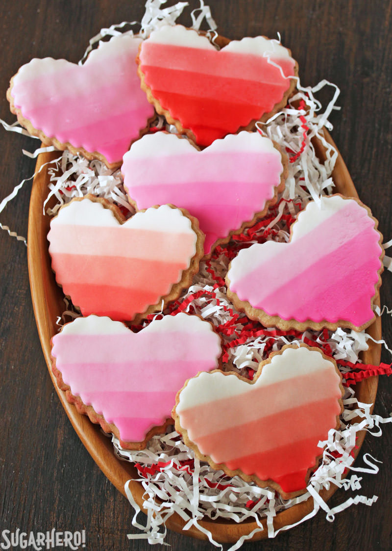 Brown Butter Heart Cookies - ombre sugar cookies in a wooden bowl | From SugarHero.com