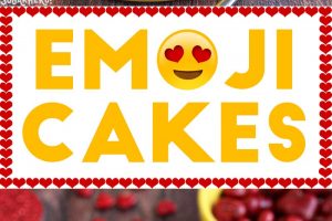 Three photo collage of Emoji Cakes with text overlay for Pinterest.