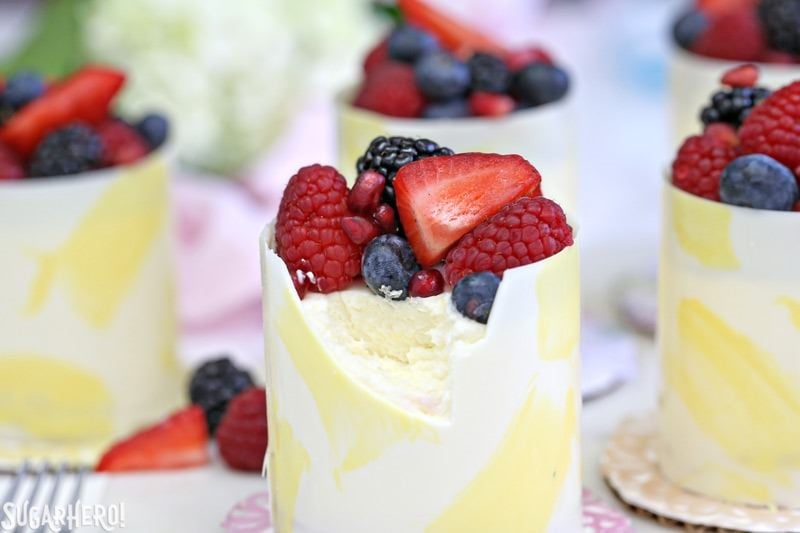 Lemon Mousse Cakes in White Chocolate Shells - lemon mousse in gorgeous painted white chocolate shells! | From SugarHero.com