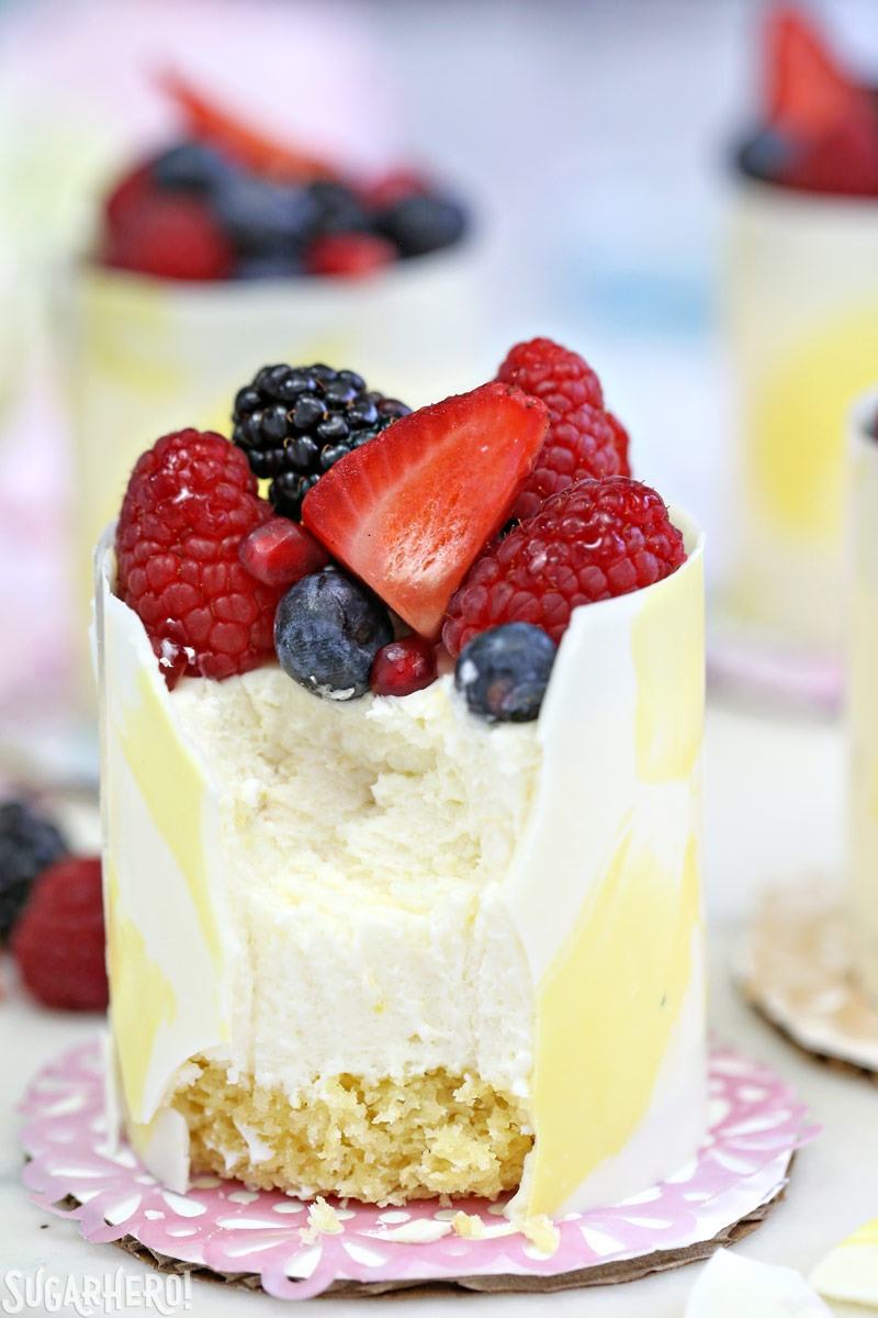 Lemon Mousse Cakes in White Chocolate Shells - lemon mousse in gorgeous painted white chocolate shells! | From SugarHero.com