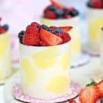 Close up of a Lemon Mousse Cake in a White Chocolate Shell on a small plate.