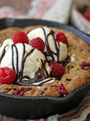 Raspberry Truffle Skillet Cookies | From SugarHero.com
