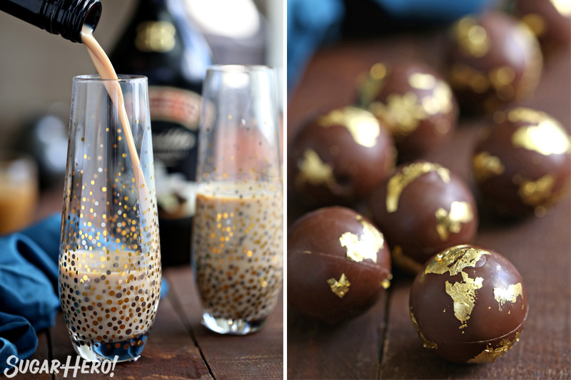 Two photo collage: Baileys Irish cream pouring into a glass on the left, and round chocolate truffles with gold leaf on the right