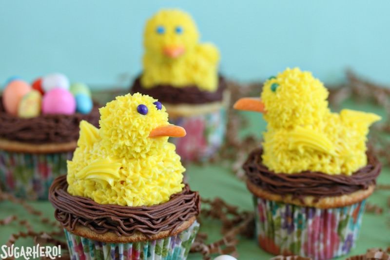 Spring Chick Cupcakes - Three cupcakes with the spring chick on top. | From SugarHero.com