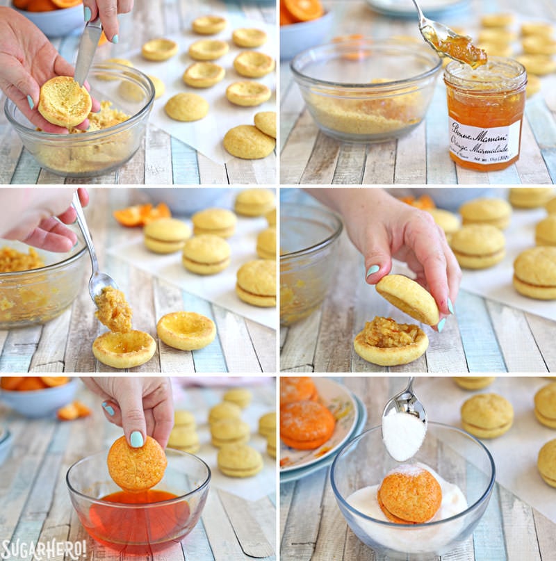 How to Make Clementine Cookies - A collage showing the way the cookies are assembled. | From SugarHero.com How to Make Clementine Cookies - beautiful sandwich cookies that look AND taste like real clementines! | From SugarHero.com