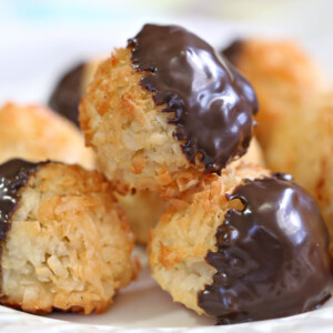 Close up of chocolate dipped Coconut Macaroons.