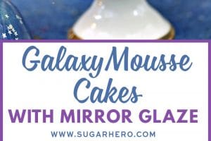 2 photo collage of galaxy chocolate mousse cake with text overlay for Pinterest.