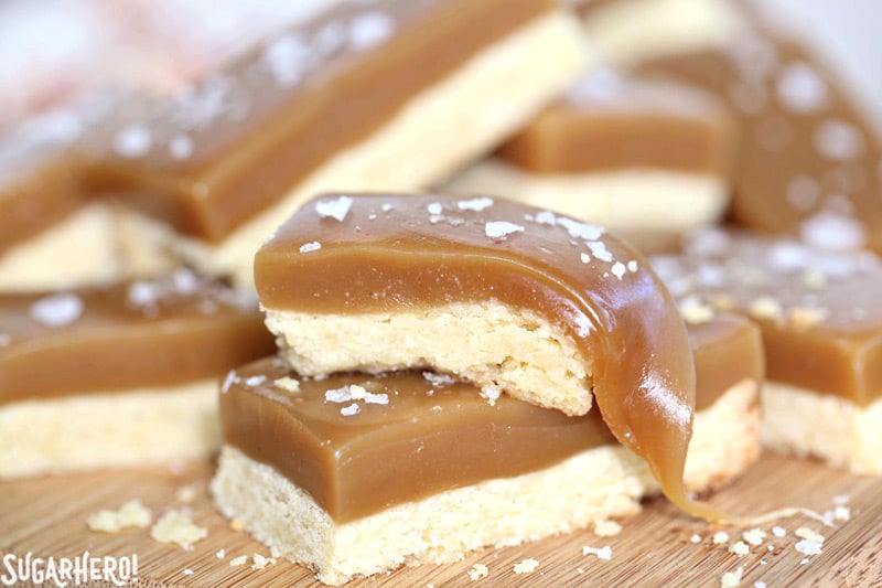 Salted Caramel Bars - buttery shortbread, soft and chewy caramel, and crunchy sea salt! | From SugarHero.com Salted Caramel Bars - buttery shortbread, soft and chewy caramel, and crunchy sea salt! | From SugarHero.com