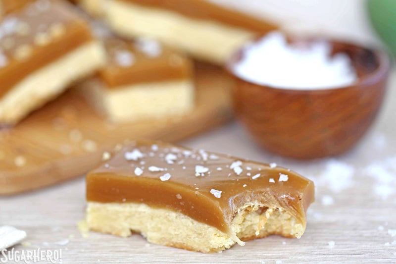 Salted Caramel Bars - buttery shortbread, soft and chewy caramel, and crunchy sea salt! | From SugarHero.com Salted Caramel Bars have a wonderfully chewy caramel with the perfect texture--not too soft and not too hard! | From SugarHero.com