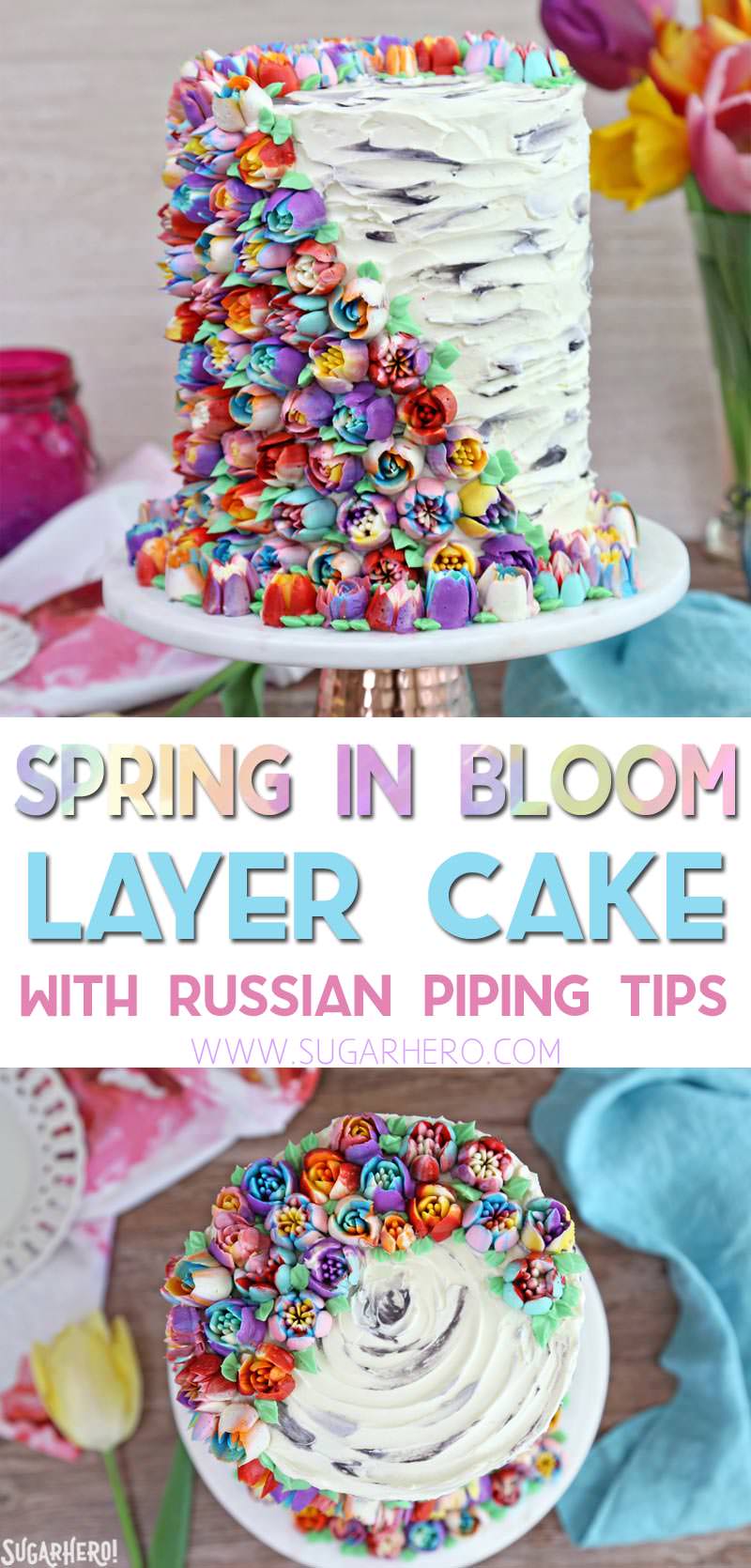 Spring In Bloom Layer Cake - an extra-tall cake COVERED in gorgeous buttercream flowers! | From SugarHero.com