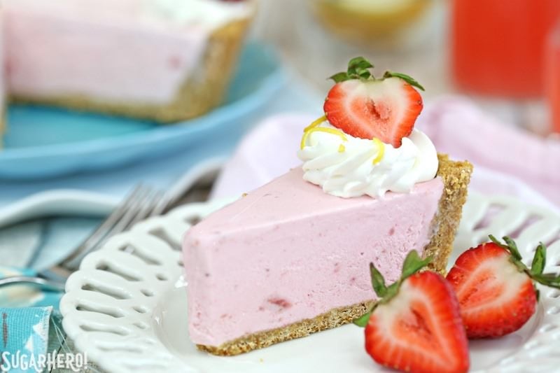 Strawberry Lemonade Ice Cream Pie - an easy and refreshing ice cream pie in a graham cracker crust! | From SugarHero.com