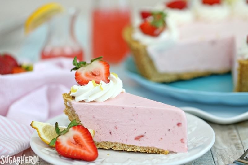 Strawberry Lemonade Ice Cream Pie - an easy and refreshing ice cream pie in a graham cracker crust! | From SugarHero.com