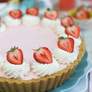 close up of half of a Strawberry Lemonade Ice Cream Pie.