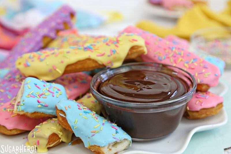 Doughnut Dippers - super easy homemade doughnuts with warm mocha sauce! | From SugarHero.com