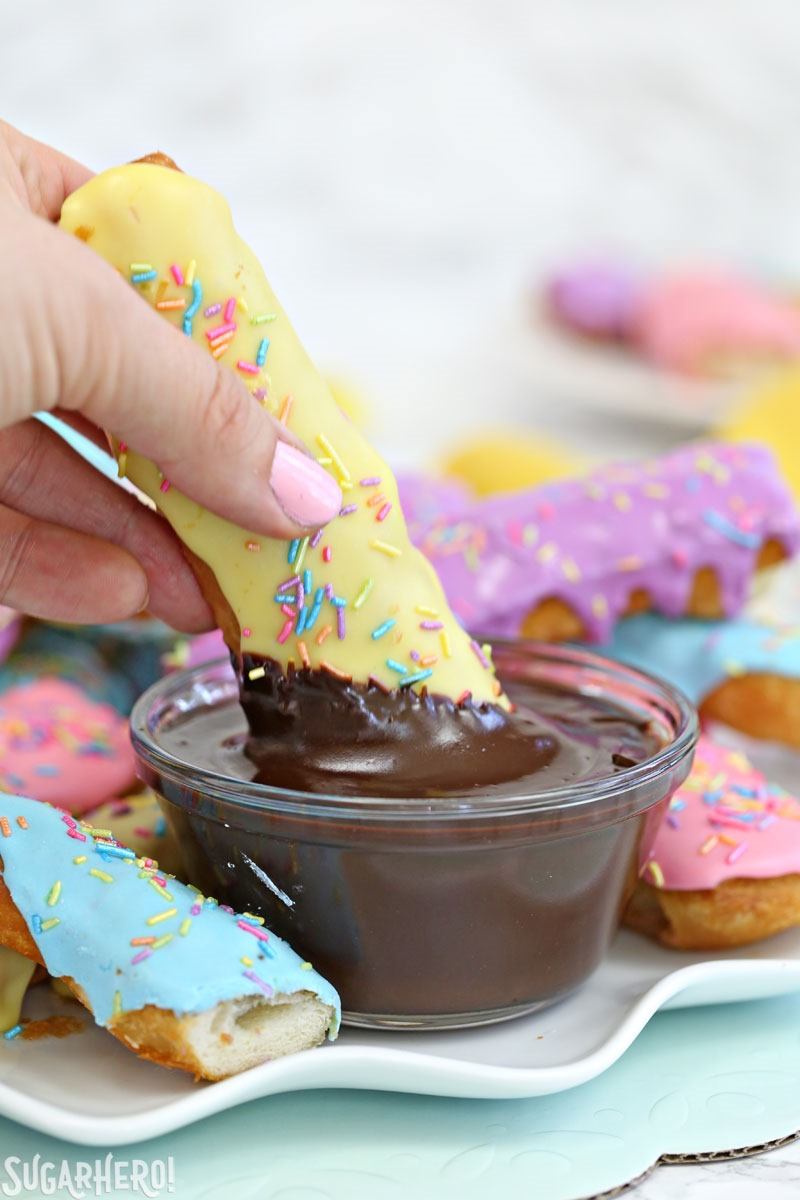 Doughnut Dippers - super easy homemade doughnuts with warm mocha sauce! | From SugarHero.com