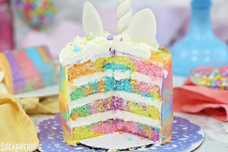 Unicorn Cakes - colorful miniature unicorn cakes from SugarHero.com