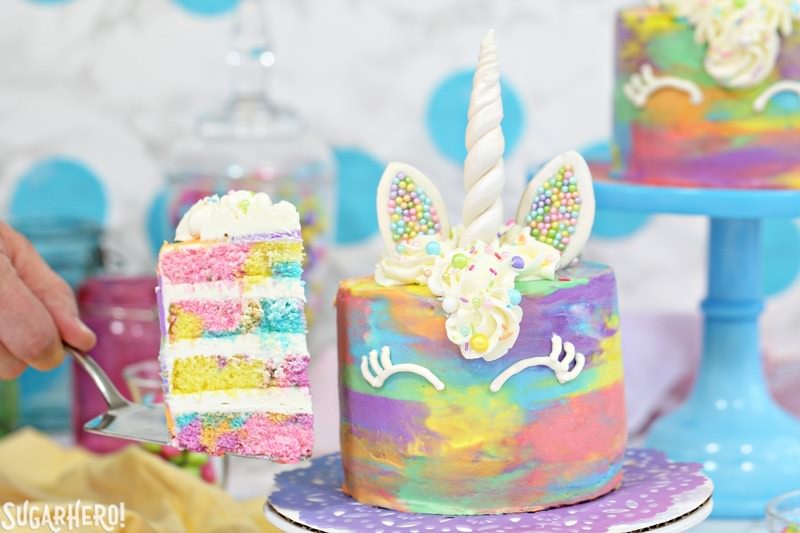 Unicorn Cakes - colorful miniature unicorn cakes from SugarHero.com