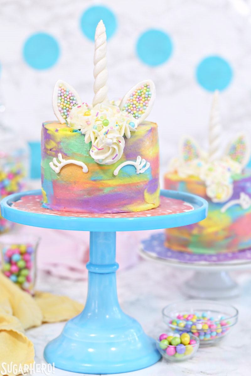 Unicorn Cakes - colorful miniature unicorn cakes from SugarHero.com