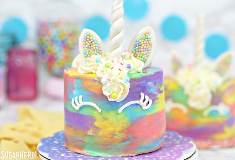 Unicorn Cakes - colorful miniature unicorn cakes from SugarHero.com