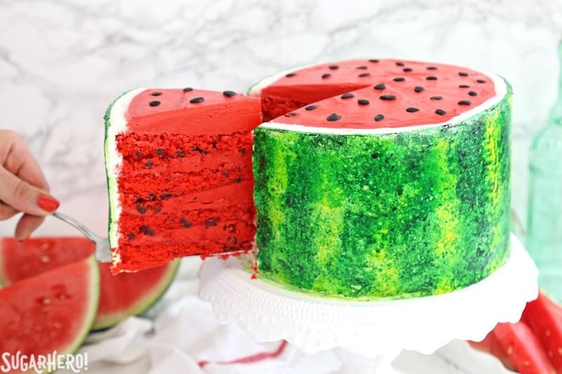 Watermelon Layer Cake - a fun cake that looks AND tastes like a watermelon! | From SugarHero.com Watermelon Layer Cake - a fun cake that looks AND tastes like a watermelon! | From SugarHero.com