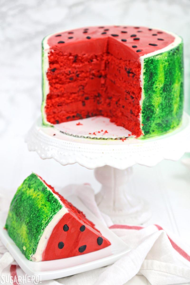 Watermelon Layer Cake - a fun cake that looks AND tastes like a watermelon! | From SugarHero.com Watermelon Layer Cake - a fun cake that looks AND tastes like a watermelon! | From SugarHero.com