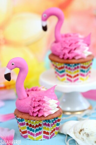 Close up of two Flamingo Cupcakes.