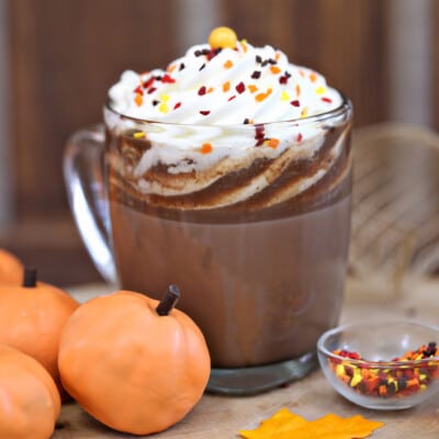 Close up of a cup of hot chocolate made with Pumpkin Spice Hot Chocolate Truffles.