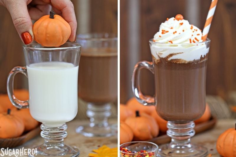 Pumpkin Spice Hot Chocolate Truffles - pumpkin spice chocolate truffles that turn into hot chocolate when you add them to milk! | From SugarHero.com Pumpkin Spice Hot Chocolate Truffles - adding a pumpkin truffle to a mug of hot milk to make pumpkin spice hot chocolate | From SugarHero.com