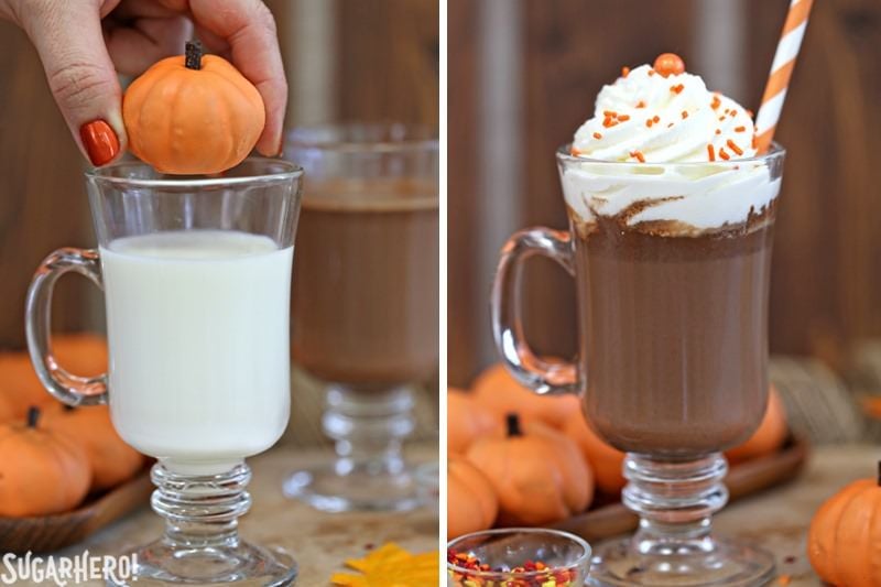 Pumpkin Spice Hot Chocolate Truffles - adding a pumpkin truffle to a mug of hot milk to make pumpkin spice hot chocolate | From SugarHero.com