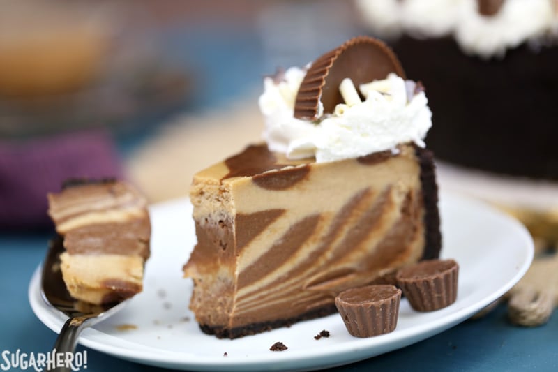 Chocolate Peanut Butter Cheesecake - this is the ULTIMATE cheesecake! Smooth and creamy, with gorgeous chocolate swirls and lots of peanut butter cups! | From SugarHero.com Chocolate Peanut Butter Cheesecake single slice with a bite taken out | From SugarHero.com