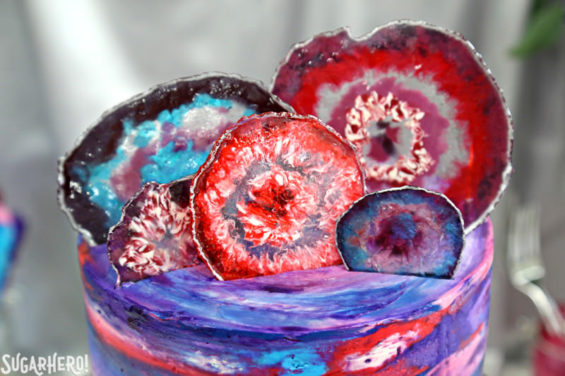 Agate Cake - close-up of the candy agate slices that are on top of the Agate Cake | From SugarHero.com