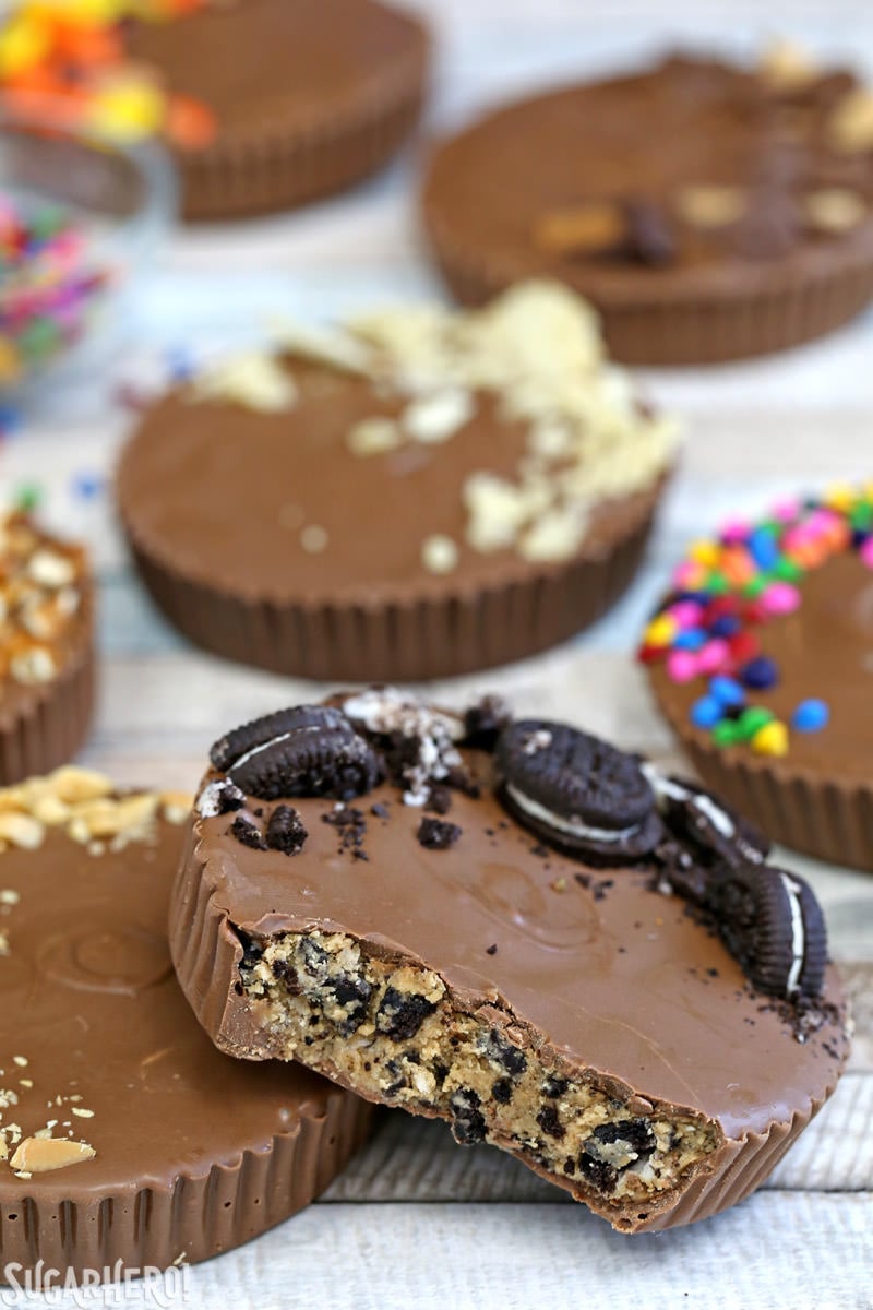 Mega Stuffed Peanut Butter Cups - cut-up peanut butter cup stuffed with Oreo pieces | From SugarHero.com