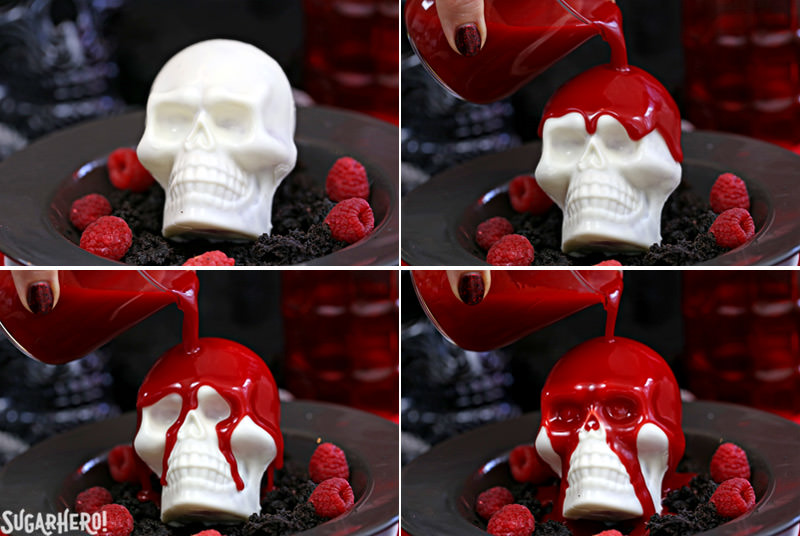 Melting Chocolate Skulls – four-part picture showing the stages of pouring warm red ganache on top of the white chocolate skulls | From SugarHero.com