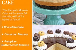 2 photo collage of Pumpkin Chocolate Mousse Cake with text overlay for Pinterest.
