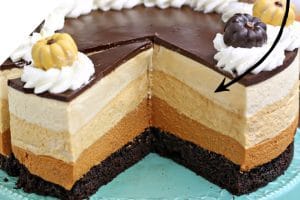 1 photo of Pumpkin Chocolate Mousse Cake with text overlay for Pinterest.