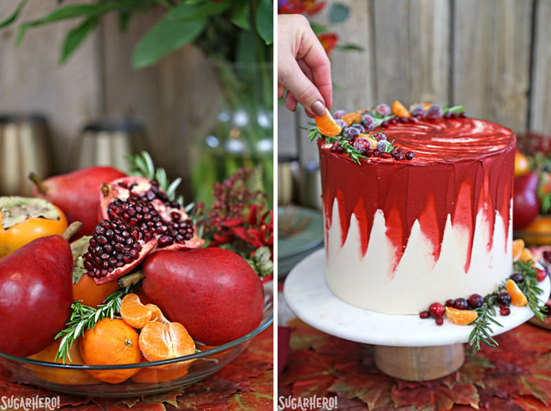 Brown Sugar Cranberry Cake - fruit bowl containing pears, pomegranates, and clementines, and a hand putting fruit on the brown sugar cranberry cake | From SugarHero.com