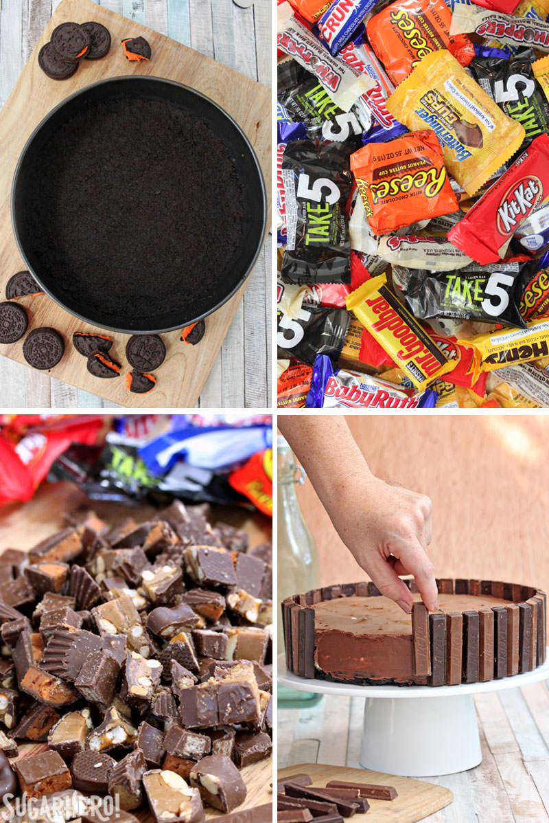 Candy Bar Cheesecake – collage image of Oreo cookie crust, candy wrappers, chopped candy bars, and applying Kit Kats around the outside of the cake | From SugarHero.com