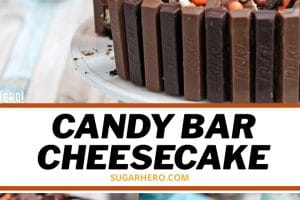 2 photo collage of Candy Bar Cheesecake with text overlay for Pinterest.