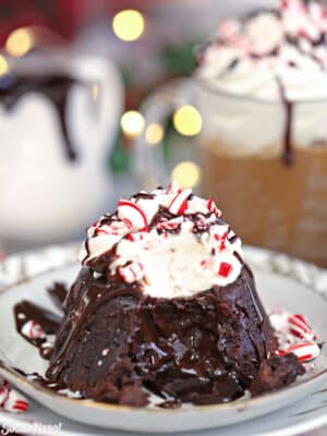 Peppermint Lava Cake with a bite taken out of it and chocolate flowing from the center.