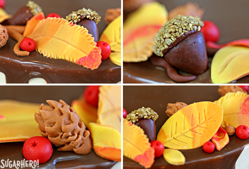 Festive Fall Layer Cake – close-up of fondant decorations like fondant acorns, berries, pine cones, and leaves | From SugarHero.com