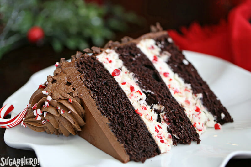 Chocolate Candy Cane Cake – close-up of single slice of cake on a plate | From SugarHero.com