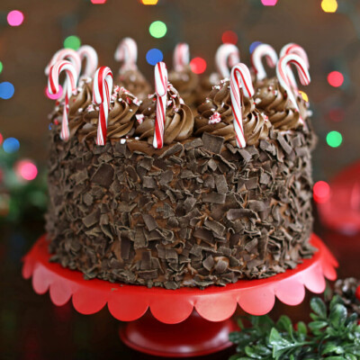 Chocolate Candy Cane Cake on a red platter.