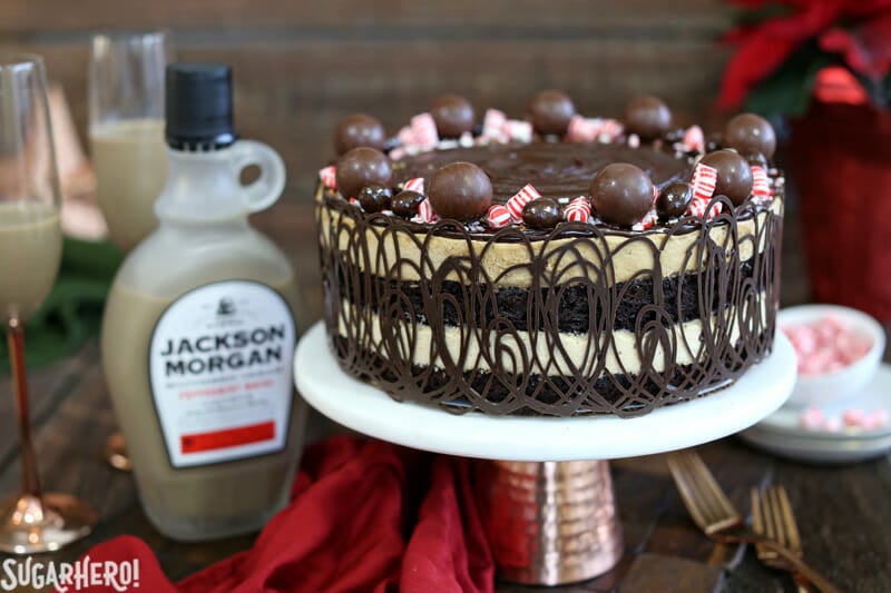 Peppermint Mocha Mousse Cake - mousse cake with Jackson Morgan Southern Cream in the background | From SugarHero.com