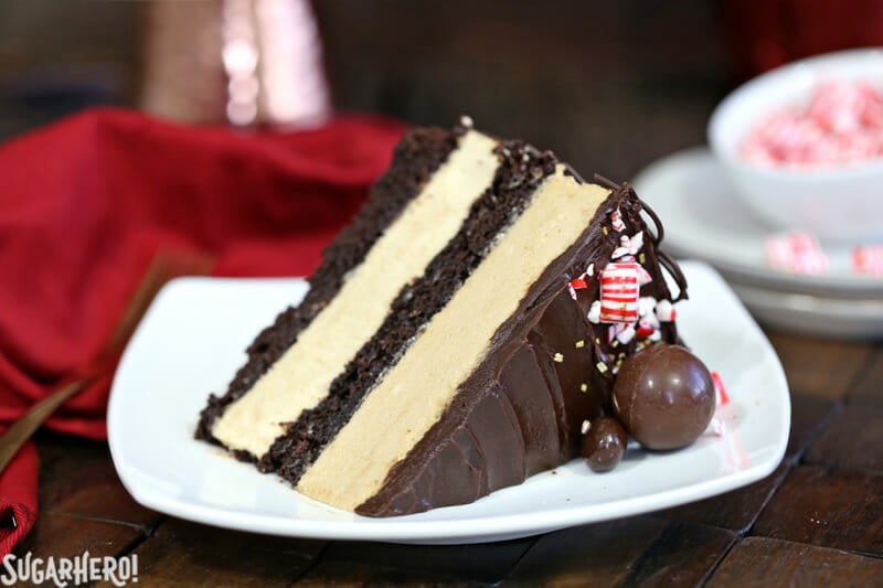 Peppermint Mocha Mousse Cake is the perfect holiday party cake! It features layers of brownies and peppermint mocha mousse, wrapped in chocolate swirls and topped with a shiny chocolate glaze. | From SugarHero.com Peppermint Mocha Mousse Cake - close-up of single slice of mousse cake | From SugarHero.com