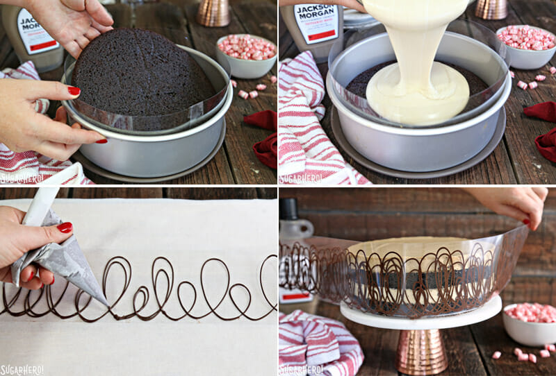 Peppermint Mocha Mousse Cake - tutorial photos showing step-by-step assembly of the mousse cake | From SugarHero.com