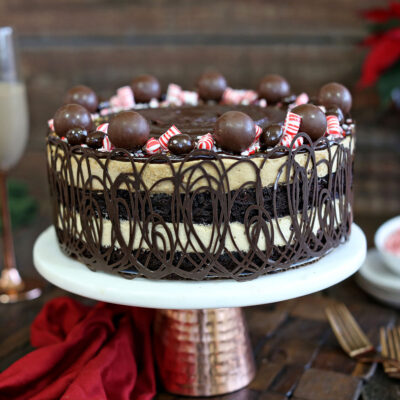 Peppermint Mocha Mousse Cake on a white cake plate.