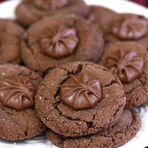 Soft Chocolate Gingerbread Cookies on a white plate.